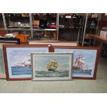 Four framed and glazed prints of sailing boats, including two Montague Dawson prints