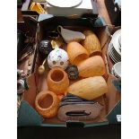 A tray containing mid-20th century glass lampshades, sauce boat, brass watering can, lettering, etc