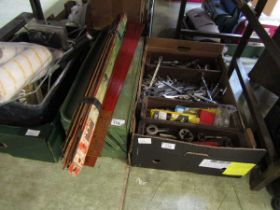 A green tool chest together with a tray of assorted spanners, dies, etc