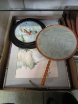 A tray containing a selection of oriental style items to include ceramic plate, hand fan, silk style