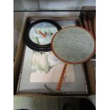 A tray containing a selection of oriental style items to include ceramic plate, hand fan, silk style