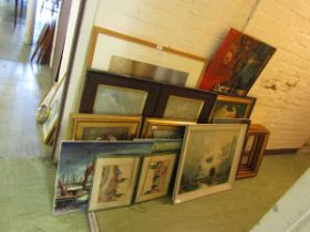 A selection of artworks to include unframed oil of street scene, boating scenes, etc together with