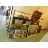 A selection of artworks to include unframed oil of street scene, boating scenes, etc together with