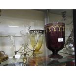 A brass and glass five branch candle epergne (A/F) along with a purple glass vase and one yellow