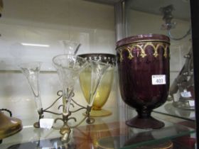 A brass and glass five branch candle epergne (A/F) along with a purple glass vase and one yellow