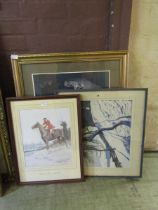 A framed and glazed hunting print together with two other modern prints