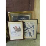 A framed and glazed hunting print together with two other modern prints