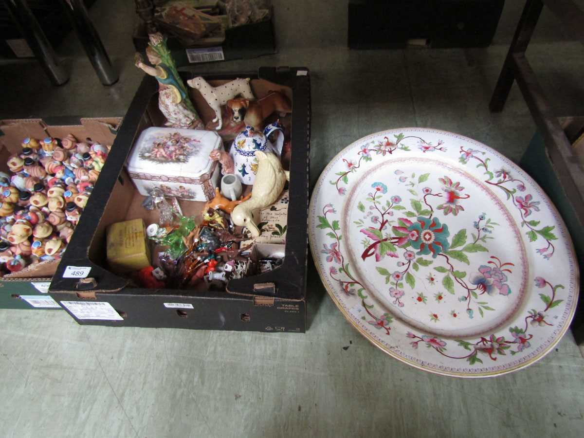 A large floral decorated meat plate together with a tray containing glass animals, ceramic shell