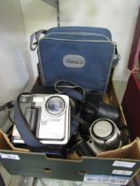 A carton containing a selection of cameras to include Miranda, Sony, Fujifilm, etc