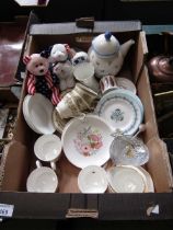 A tray containing decorative ceramic ware by various makers to include Aynsley, teapot, tea