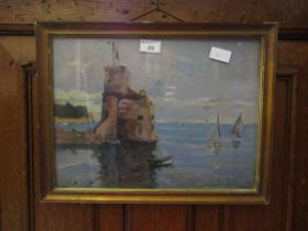 A framed and glazed possible oil of harbour scene signed bottom right