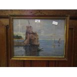 A framed and glazed possible oil of harbour scene signed bottom right