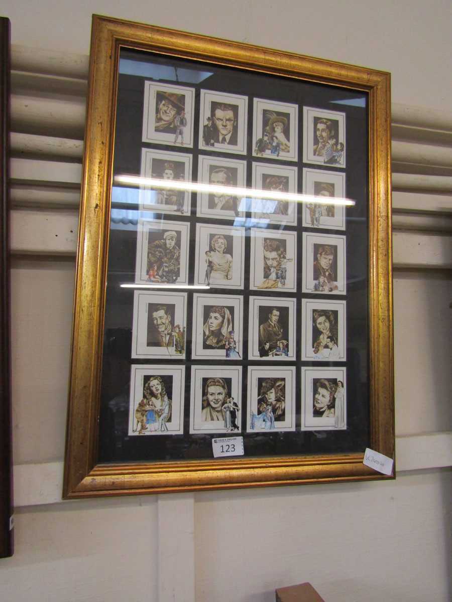 A gilt framed and glazed collection of etchings of Hollywood stars to include Errol Flynn, Elizabeth