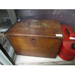 An early 20th century oak work box with brass handle to top (A/F)