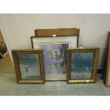 A framed and glazed print of galleons together with two gilt framed prints of children and a pair of