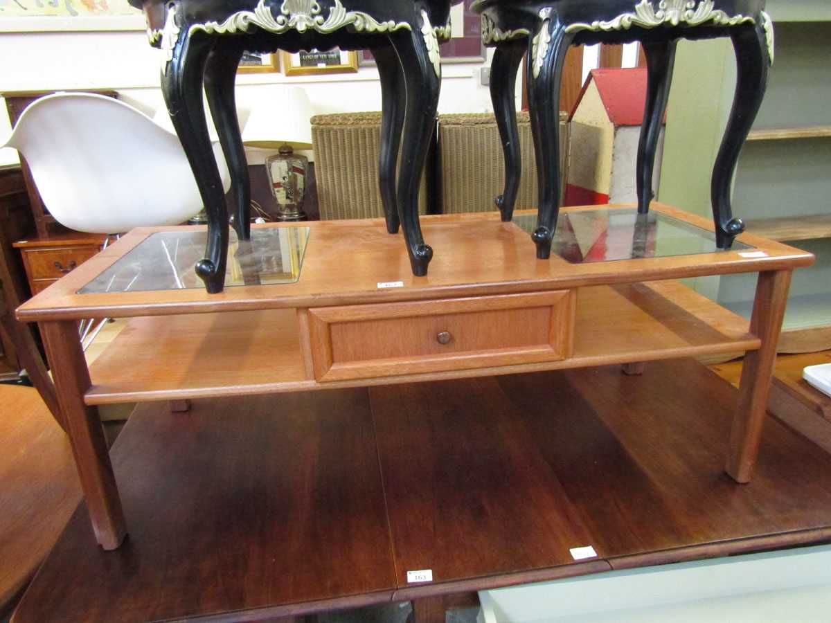 A mid-20th century design teak coffee table having two glazed sections to top with single drawer