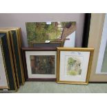 Three framed artworks of cottages, beach scenes, etc