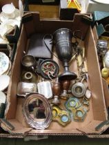 A tray of metalware to include trophy, flatware, small urns, etc