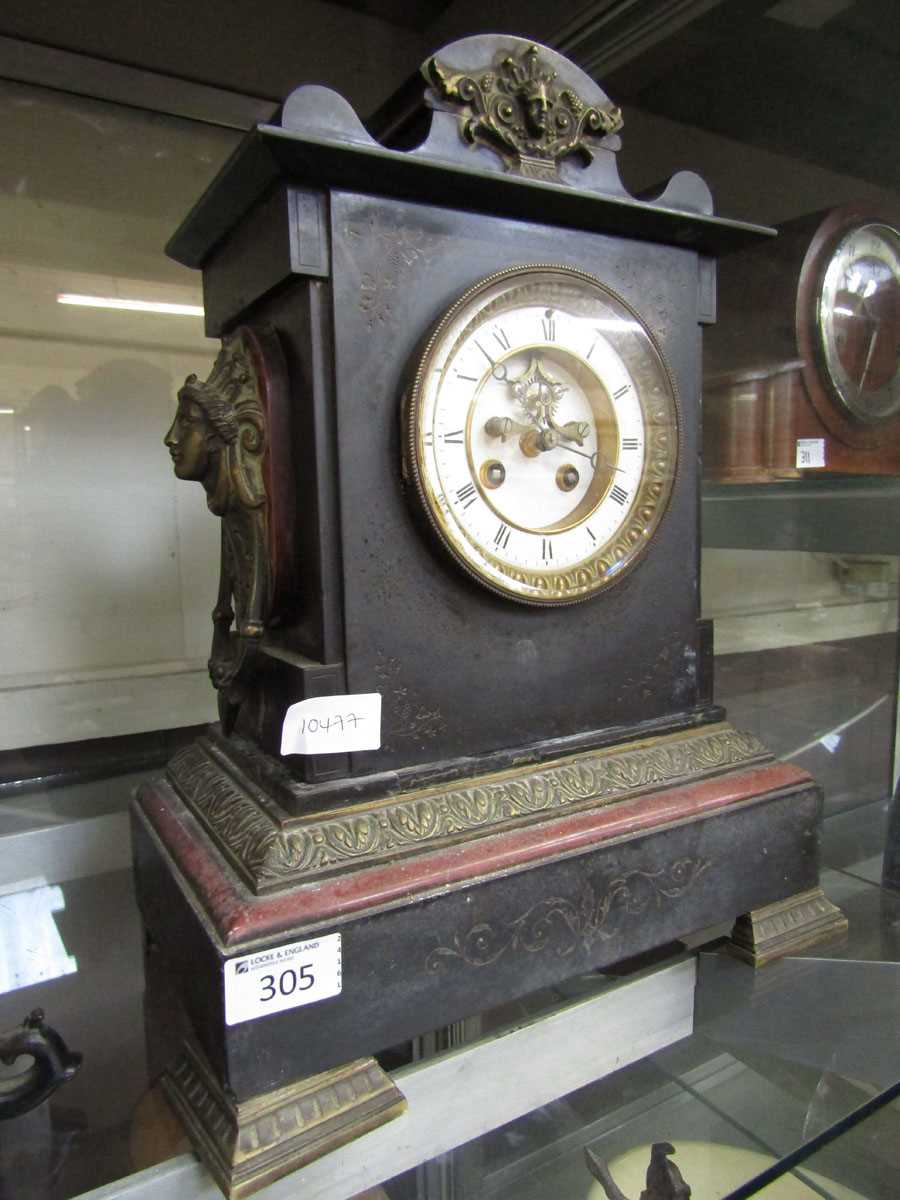 A Victorian black slate and brass mounted mantel clock on brass bracket feet - Image 2 of 2