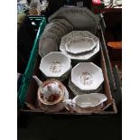 A tray containing ceramic ware to include Eternal Bow, Old Country Rose teapot, etc
