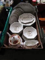 A tray containing ceramic ware to include Eternal Bow, Old Country Rose teapot, etc