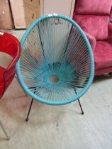 A mid-20th century design turquoise coloured webbed chair on black painted metal support