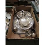 A tray of plated ware to include trays, sugar sifters, etc