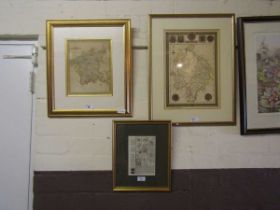 Three framed and glazed coloured maps of Worcestershire, Warwickshire etc.