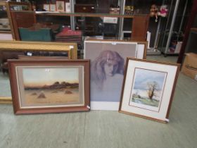 A framed and glazed print by George Oyston of cornfield together with a print of horseman in field