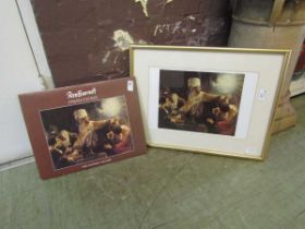 A framed and glazed print by Rembrandt together with five other unframed prints