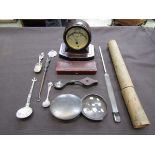 A Bakelite early 20th century thermometer, cased thermometer, spoons, etc