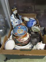 A carton containing a large assortment of oriental style ceramic items, etc, to include blue and