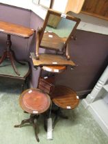 Two mahogany wine tables, a reproduction mahogany jardiniere stand having two drawers (A/F), and a