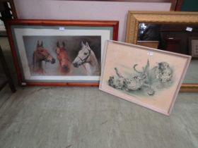 A framed and glazed print of 'We Three Kings' together with a print of wild cats