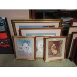 A selection of framed artworks on various subjects to include interior scenes, boating scenes, young