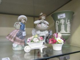 An assortment of five ceramic items to include Lladro figurines of young ladies, green and white