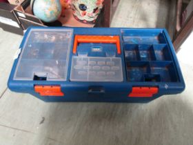 A blue toolbox containing an assortment of hand tools