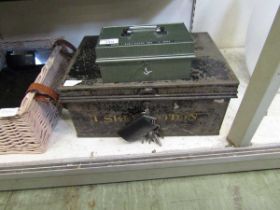 A black painted tin box along with a green painted tin key box along with an assortment of various