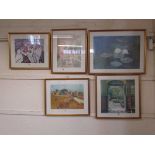 A collection of five modern framed and glazed prints of still life, pond scene, garden scene, etc