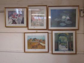 A collection of five modern framed and glazed prints of still life, pond scene, garden scene, etc