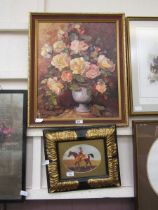 A framed oil on canvas of still life signed bottom right Crawford together with a framed print of