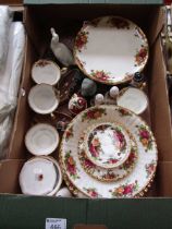 A tray containing Royal Albert 'Old Country Rose' cups, saucers, plates, and bowls together with