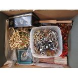A box containing a quantity of costume jewellery, fans, etc