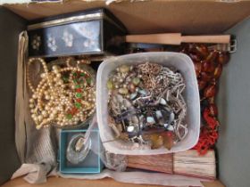 A box containing a quantity of costume jewellery, fans, etc