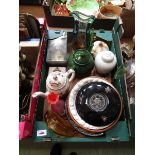 A tray containing coloured glassware, decorative plates, Indian tree coffee pot, etc