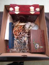 A box containing a quantity of costume jewellery, jewellery boxes, etc