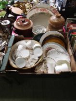 Two trays of ceramic ware to include storage jars, meat plates, mixing bowl, etc