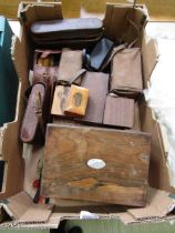 A tray containing old cameras, wooden boxes, grooming sets, etc