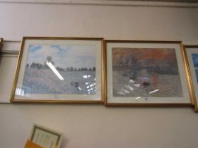 A collection of five framed and glazed prints of poppy fields, canal scenes, garden scene, etc to