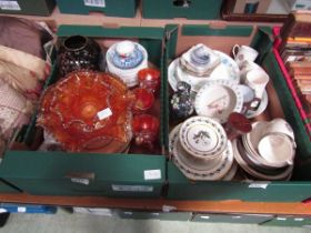Two trays of glass and ceramic ware to include carnival glass